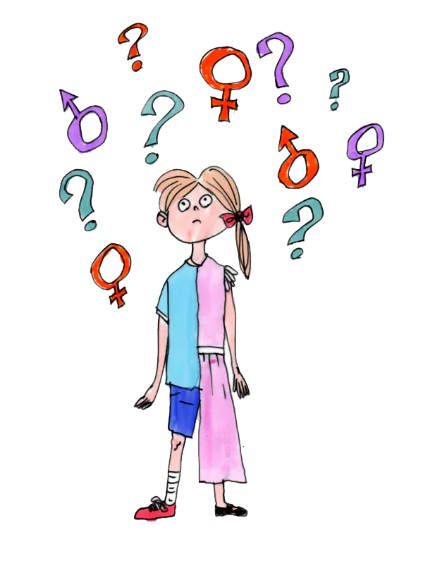 An illustration of a person depicted as a boy on the left and a girl on the right with question marks and gender signs above