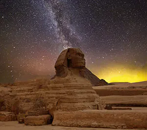 The sphynx at night with the Milky Way galaxy overhead