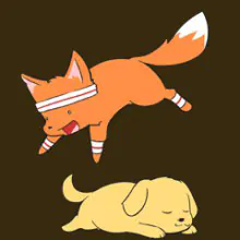 An illustration showing a fox jumping over a sleeping dog